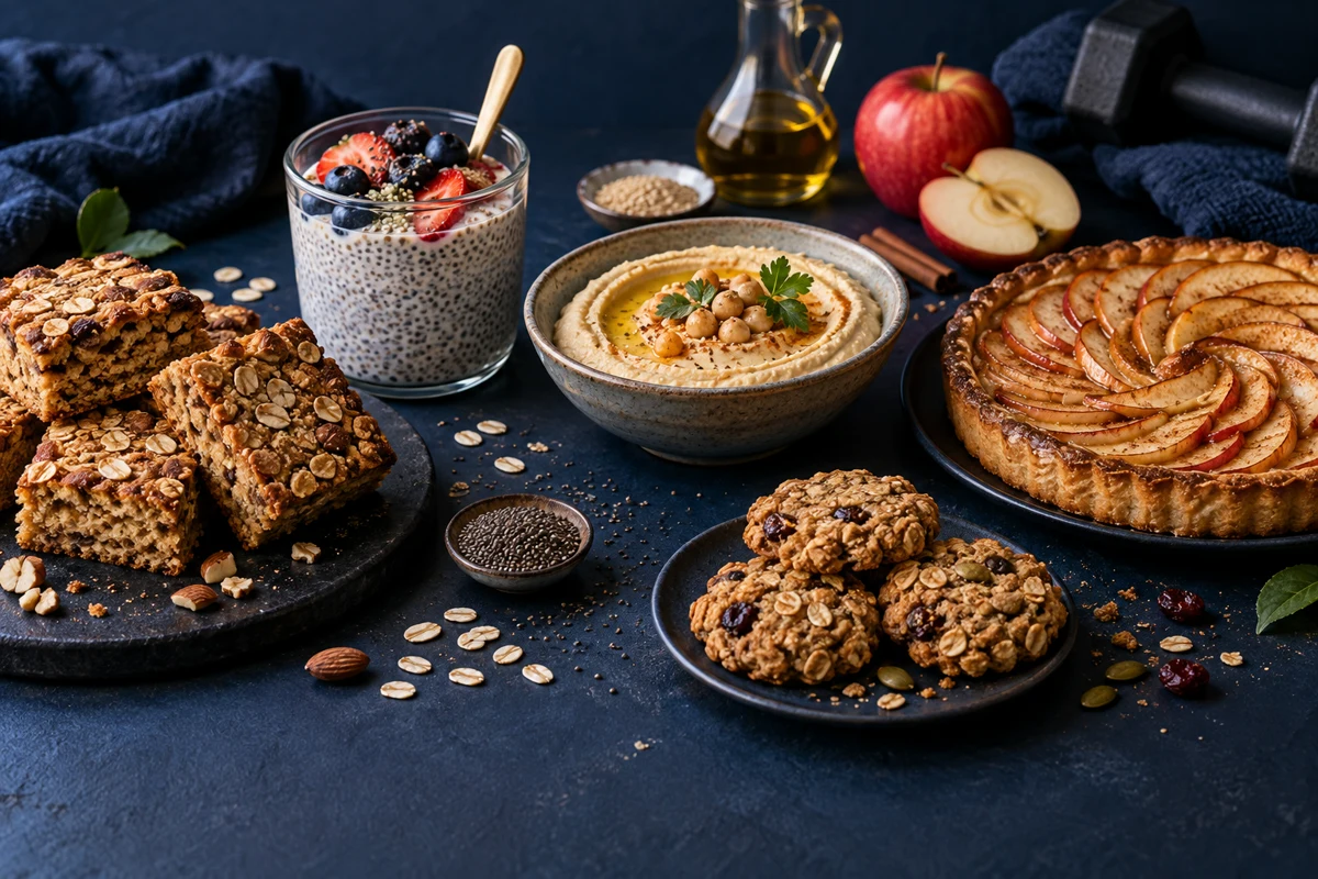 پنج میانوعده خانگی شامل کیک جو دوسر، پودینگ چیا، هوموس، تارت سیب و کوکی